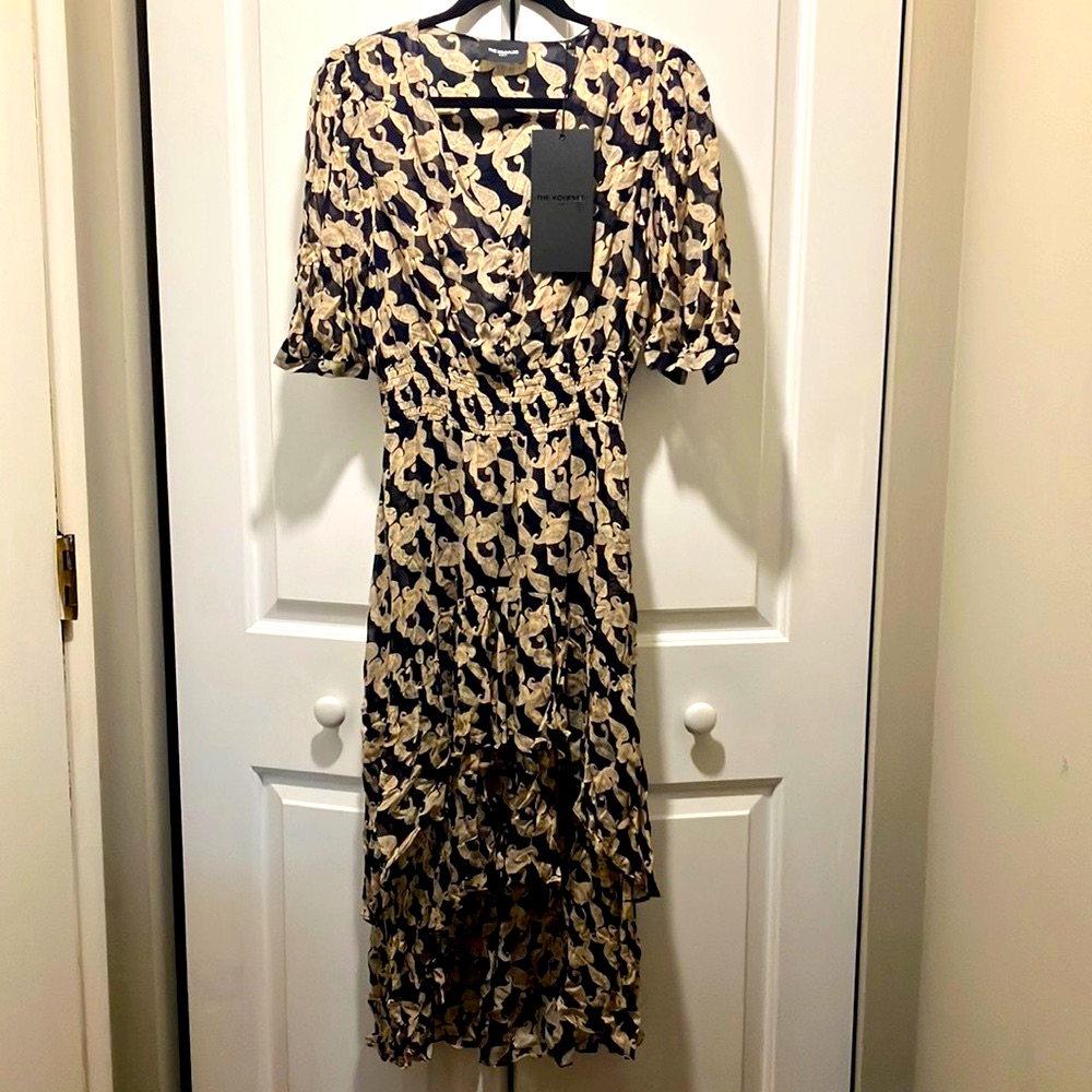 Nwt The Kooples Paisley Gauze Dress Lined Sz 2 Volute Cashmere Black &Tan V-Neck